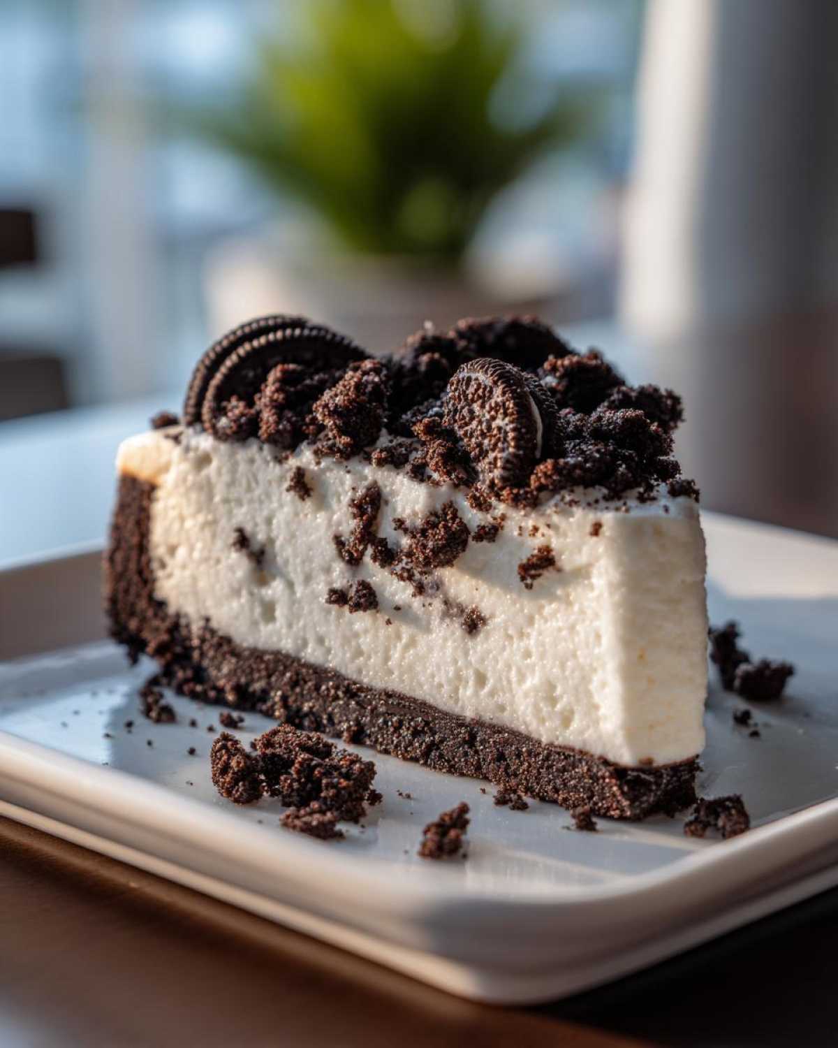 Kawałek sernika Oreo bez pieczenia na białym talerzu, ozdobiony pokruszonymi ciasteczkami Oreo.