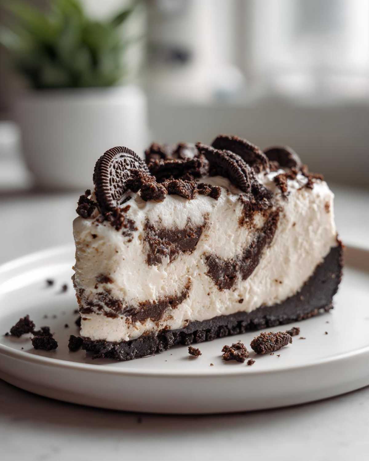 Kawałek sernika Oreo z ciasteczkami Oreo na wierzchu, leżący na białym talerzu.
