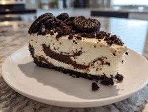 Kawałek sernika Oreo z widocznymi warstwami ciasta i kremu, udekorowany ciasteczkami Oreo.
