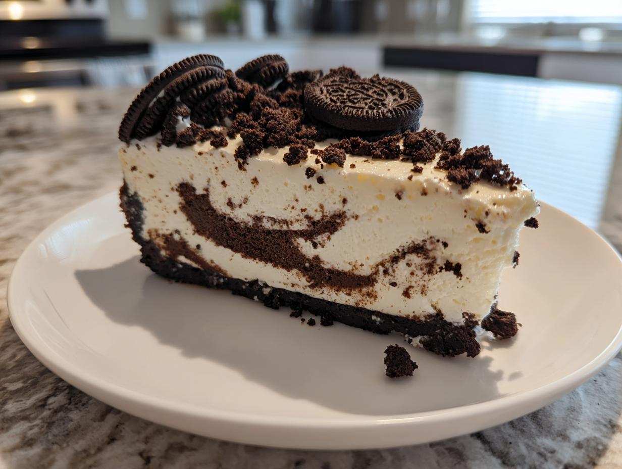 Kawałek sernika Oreo z widocznymi warstwami ciasta i kremu, udekorowany ciasteczkami Oreo.