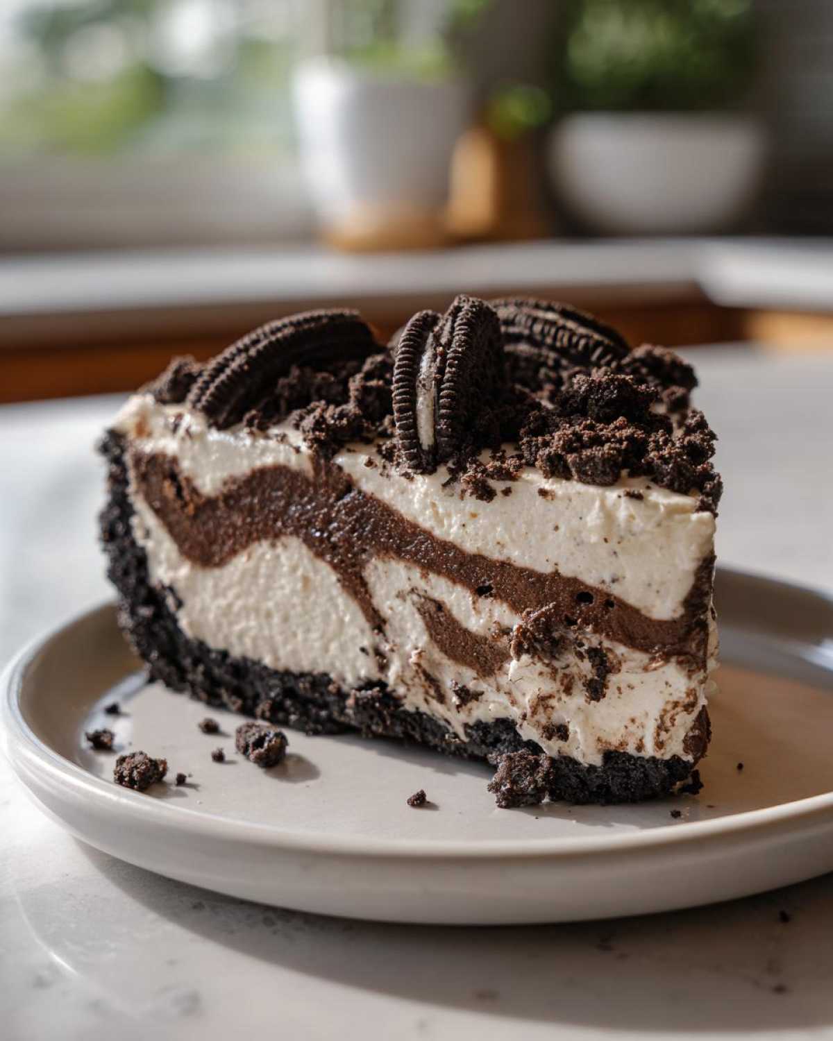 Zdjęcie kawałka sernika Oreo z wyraźnymi warstwami czekolady i kremu, udekorowanego ciasteczkami Oreo.