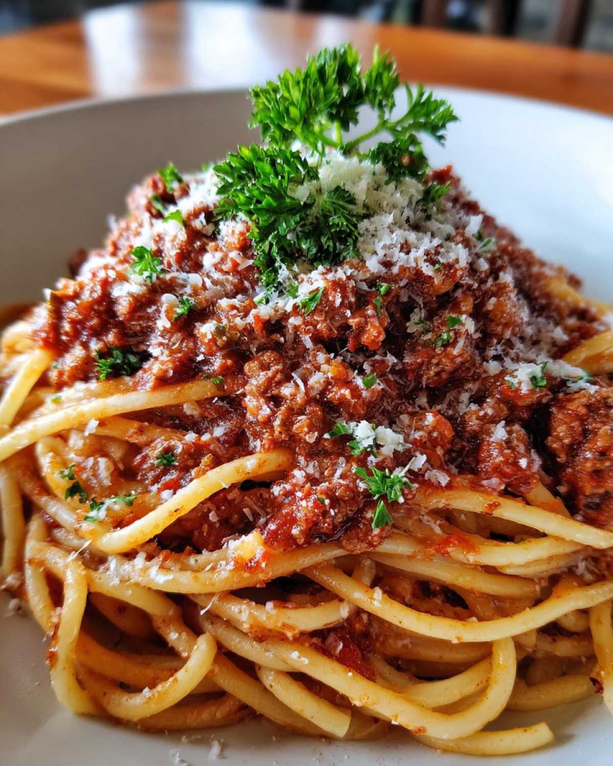 Zdjęcie spaghetti bolognese z sosem mięsnym, posypane parmezanem i natką pietruszki.