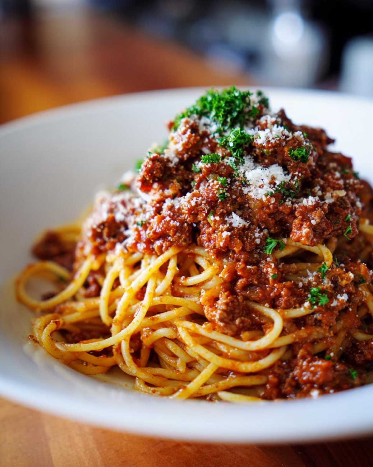 Porcja spaghetti bolognese na białym talerzu, posypana parmezanem i świeżą pietruszką.