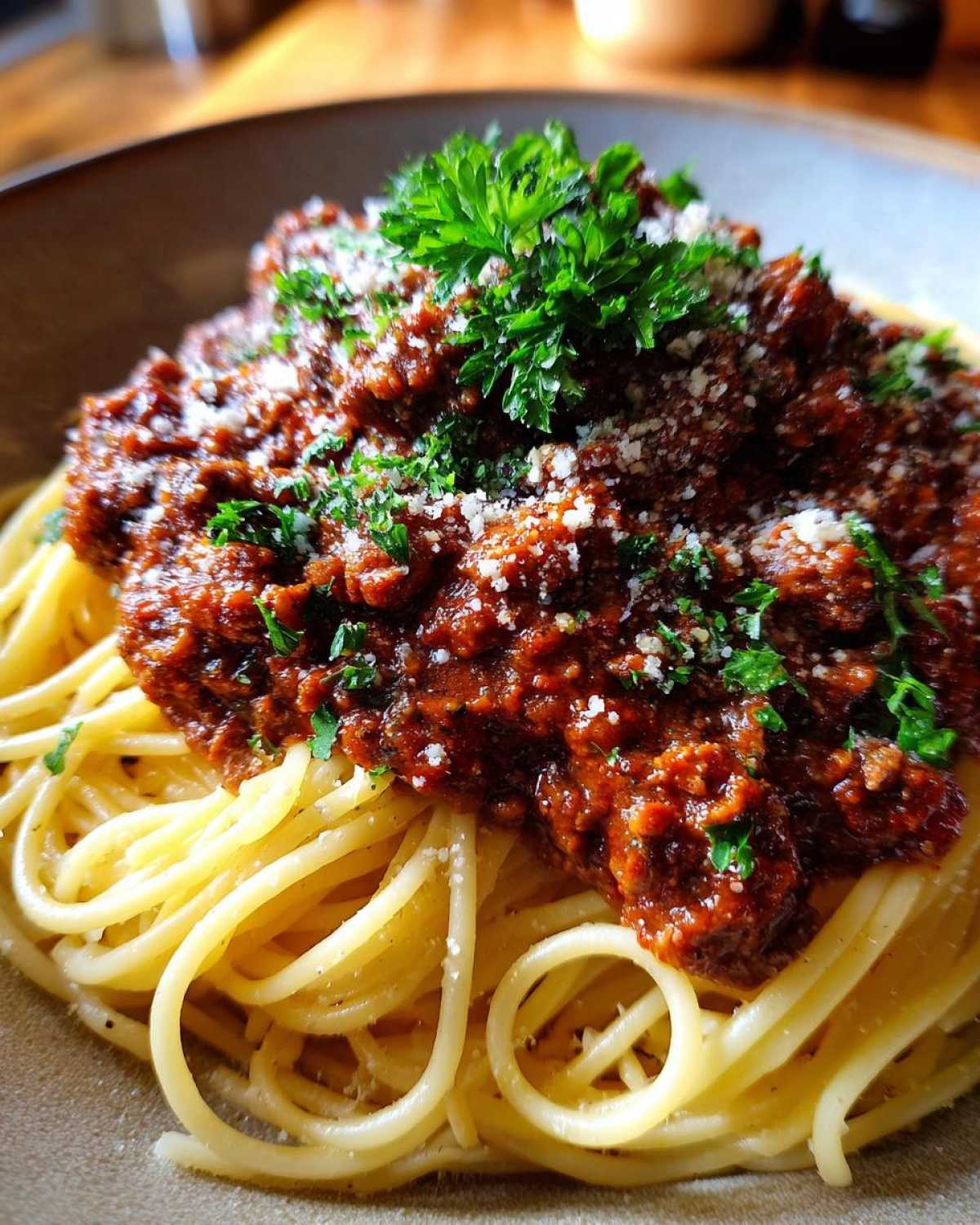 Apetyczne spaghetti bolognese z bogatym sosem mięsnym, posypane parmezanem i pietruszką.