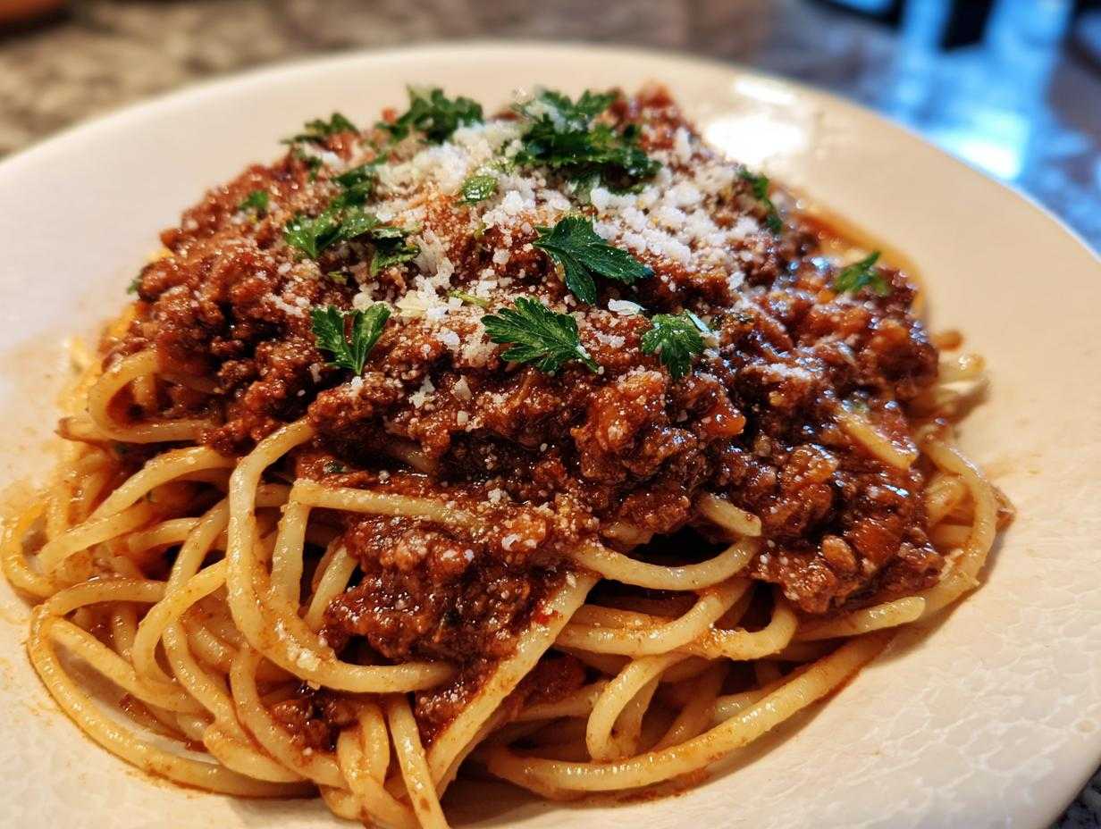 Talerz spaghetti bolognese z bogatym sosem mięsnym, posypany serem i pietruszką.