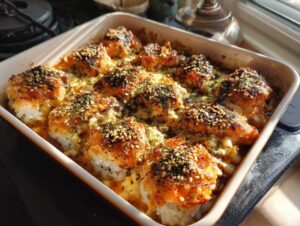 Gotowy Sushi Bake w naczyniu żaroodpornym, z wierzchu posypany sezamem i ziołami.