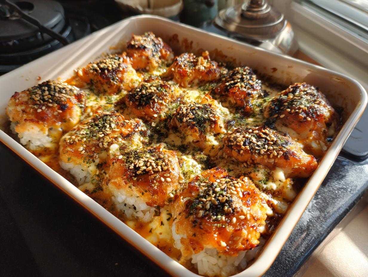 Gotowy Sushi Bake w naczyniu żaroodpornym, z wierzchu posypany sezamem i ziołami.