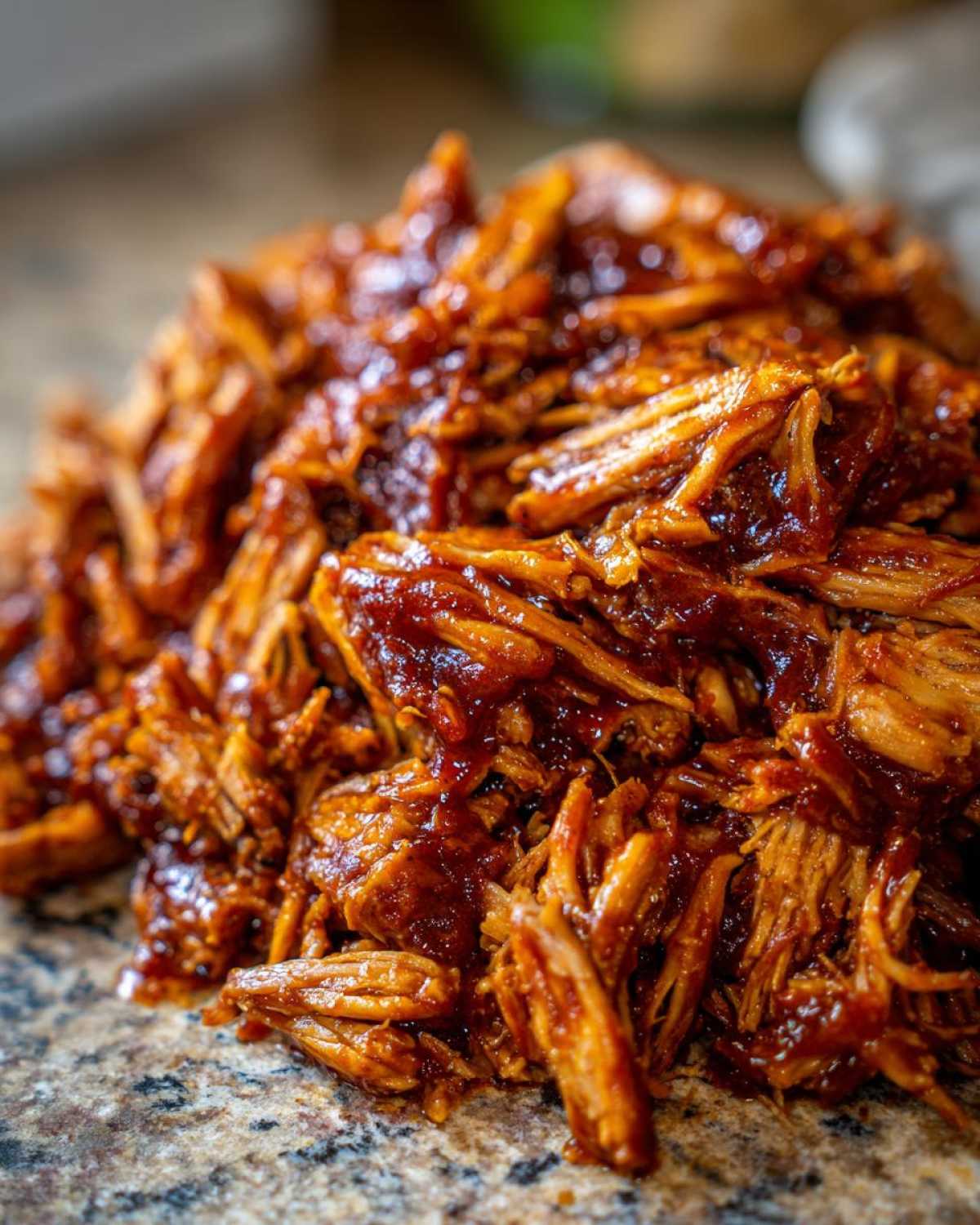 Zdjęcie z bliska szarpanej wieprzowiny polanej sosem BBQ. Pyszna szarpana wieprzowina.