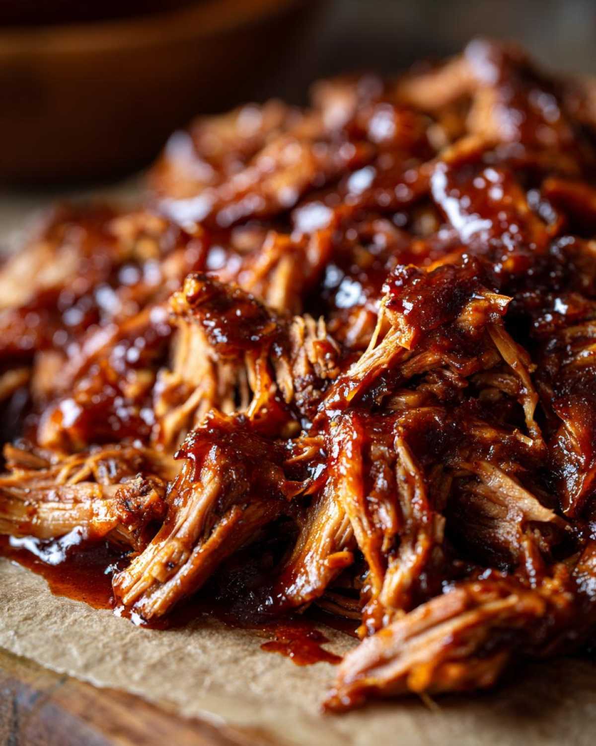 Zdjęcie z bliska szarpanej wieprzowiny polanej gęstym, błyszczącym sosem BBQ.
