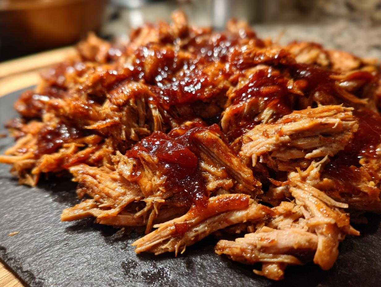 Zdjęcie z bliska szarpanej wieprzowiny polanej sosem BBQ. Idealne danie na obiad.