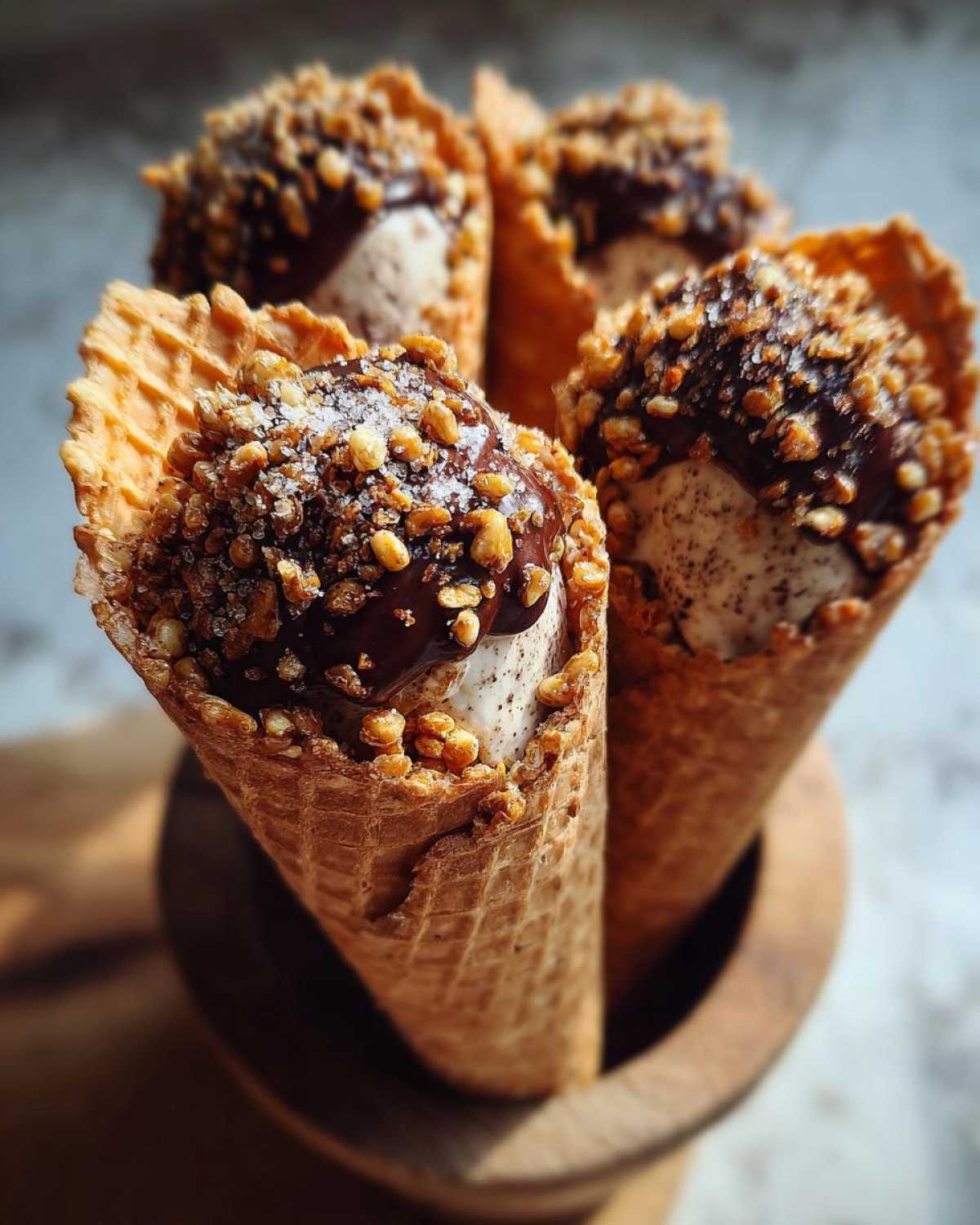 Domowe szyszki z ryżu preparowanego w wafelkach, polane czekoladą i posypane orzechami.