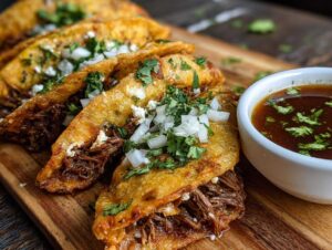 Zbliżenie na talerz z tacos birria, polane posiekaną cebulą i kolendrą, obok miseczka z bulionem.
