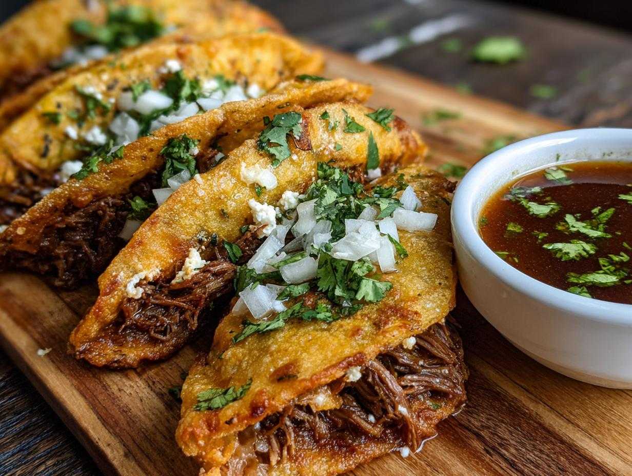 Zbliżenie na talerz z tacos birria, polane posiekaną cebulą i kolendrą, obok miseczka z bulionem.
