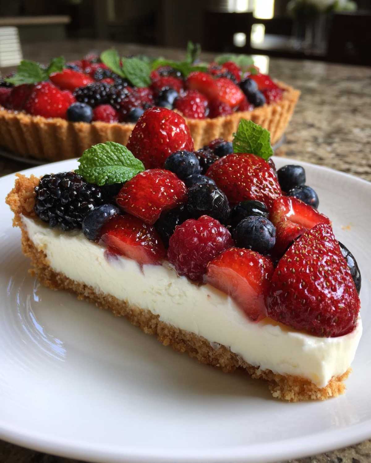 Kawałek tarty z owocami i mascarpone, udekorowany świeżymi truskawkami, jagodami, malinami i jeżynami.