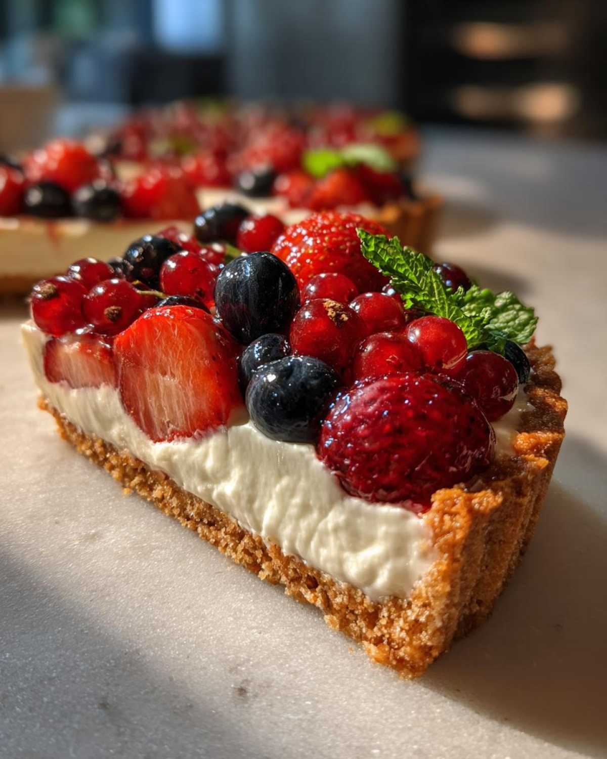 Kawałek tarty z owocami i mascarpone, udekorowany truskawkami, jagodami i czerwoną porzeczką.