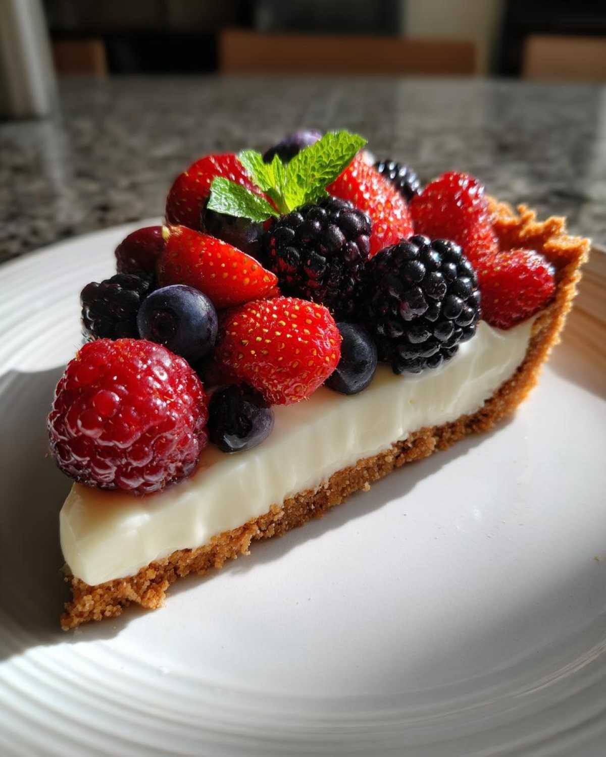 Kawałek tarty z owocami i mascarpone, udekorowany świeżymi truskawkami, malinami, jeżynami i borówkami.