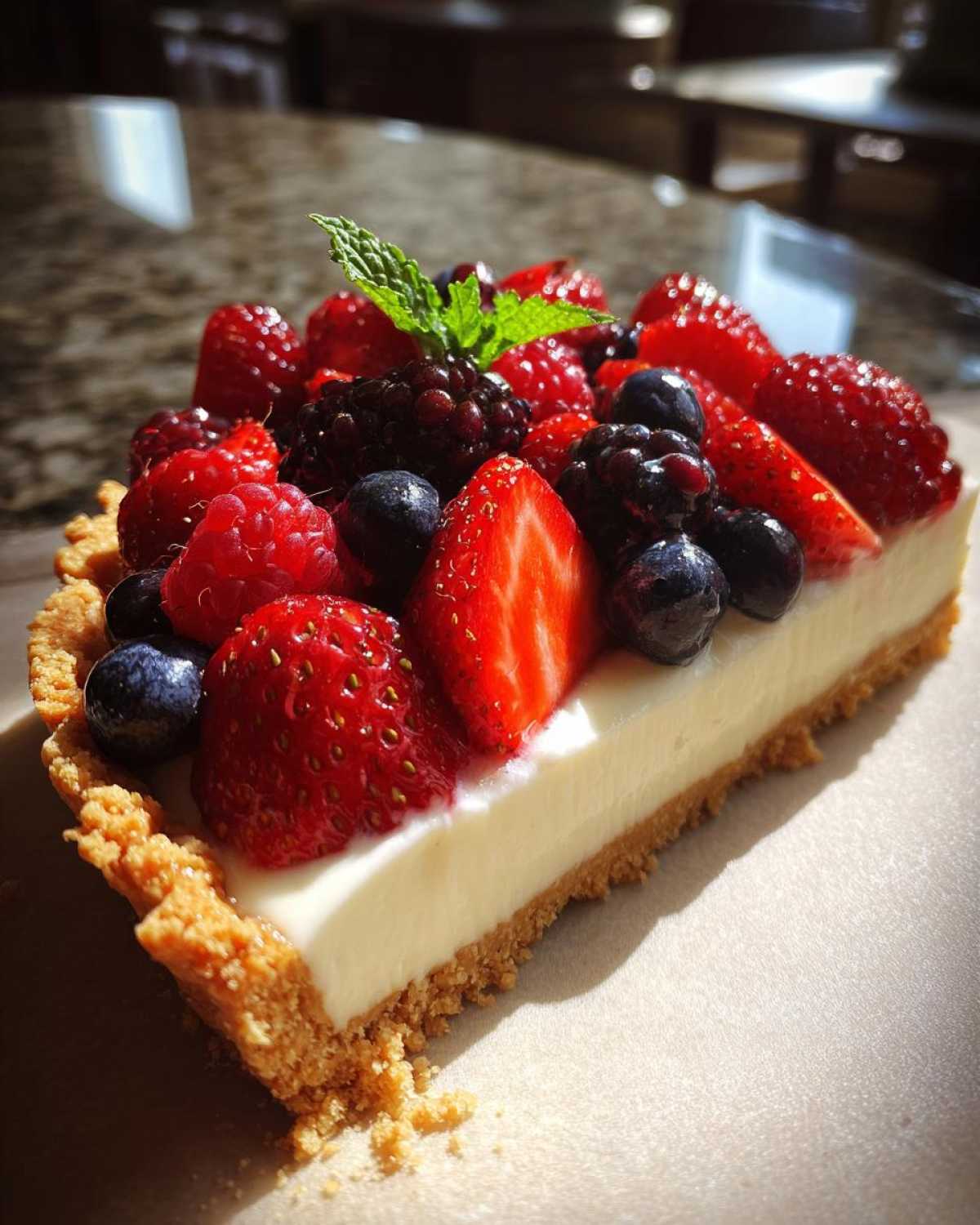 Kawałek tarty z owocami i mascarpone, udekorowany świeżymi truskawkami, malinami, jagodami i jeżynami.