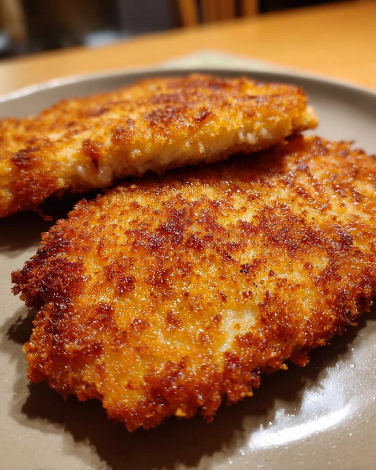 Zbliżenie na tradycyjny kotlet schabowy, panierowany i usmażony na złoty kolor, leżący na talerzu.