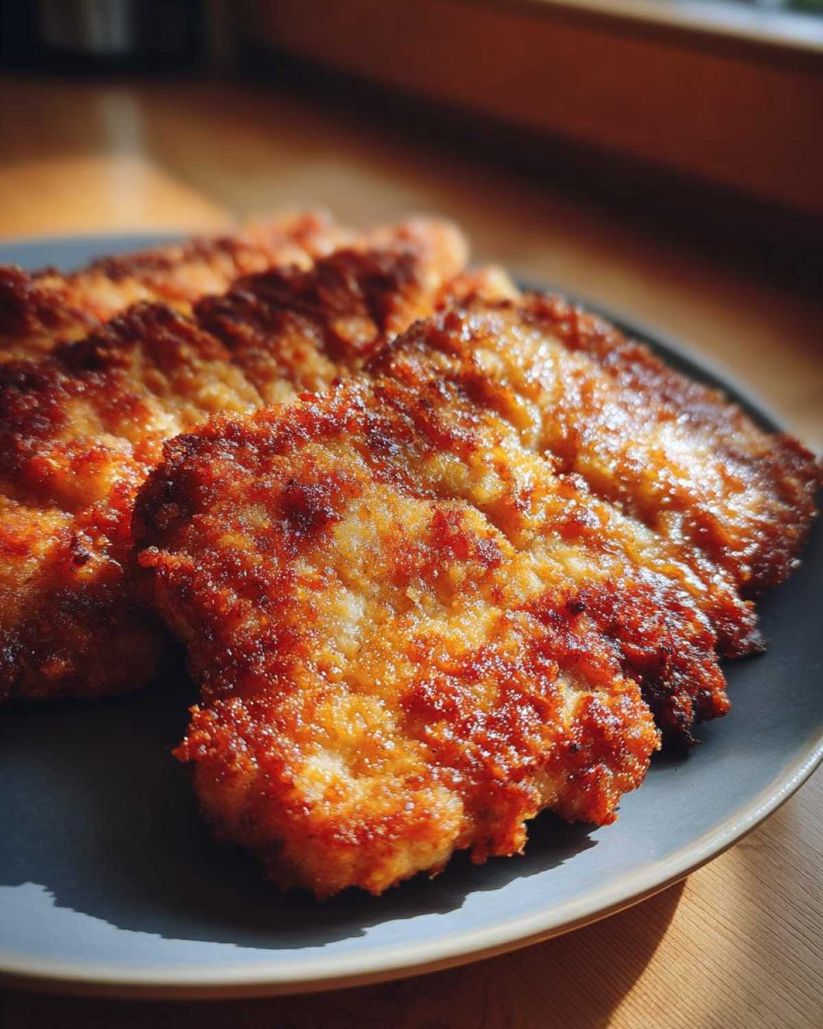 Zbliżenie na talerzu na tradycyjny kotlet schabowy, panierowany i złocisty, gotowy do podania.
