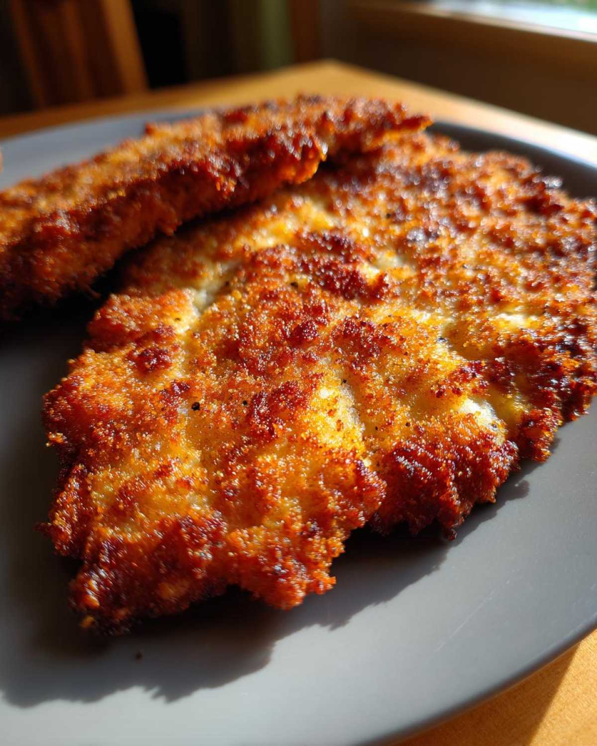 Zbliżenie na tradycyjny kotlet schabowy w złocistej panierce, ułożony na szarym talerzu.