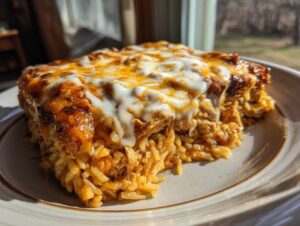 A close-up of a serving of zapiekanka gyros z kurczakiem on a plate, with melted cheese.