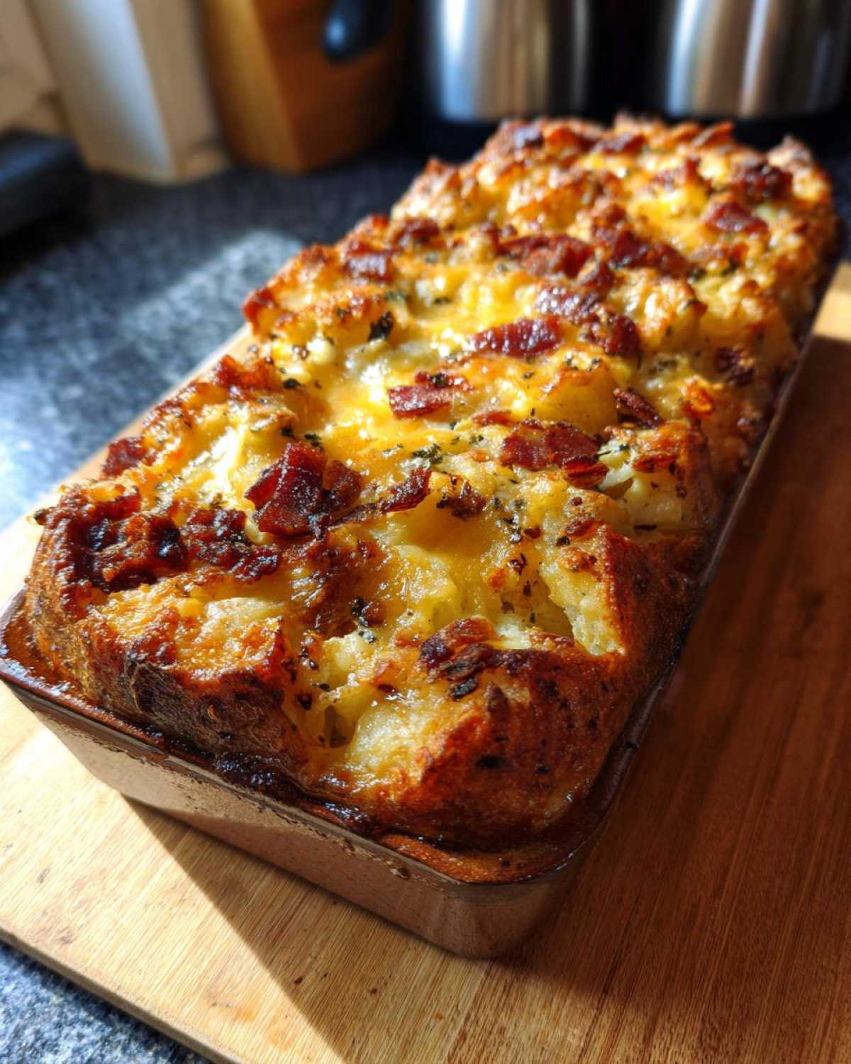 Zdjęcie zapiekanki ziemniaczanej z boczkiem w formie do pieczenia, na drewnianej desce.