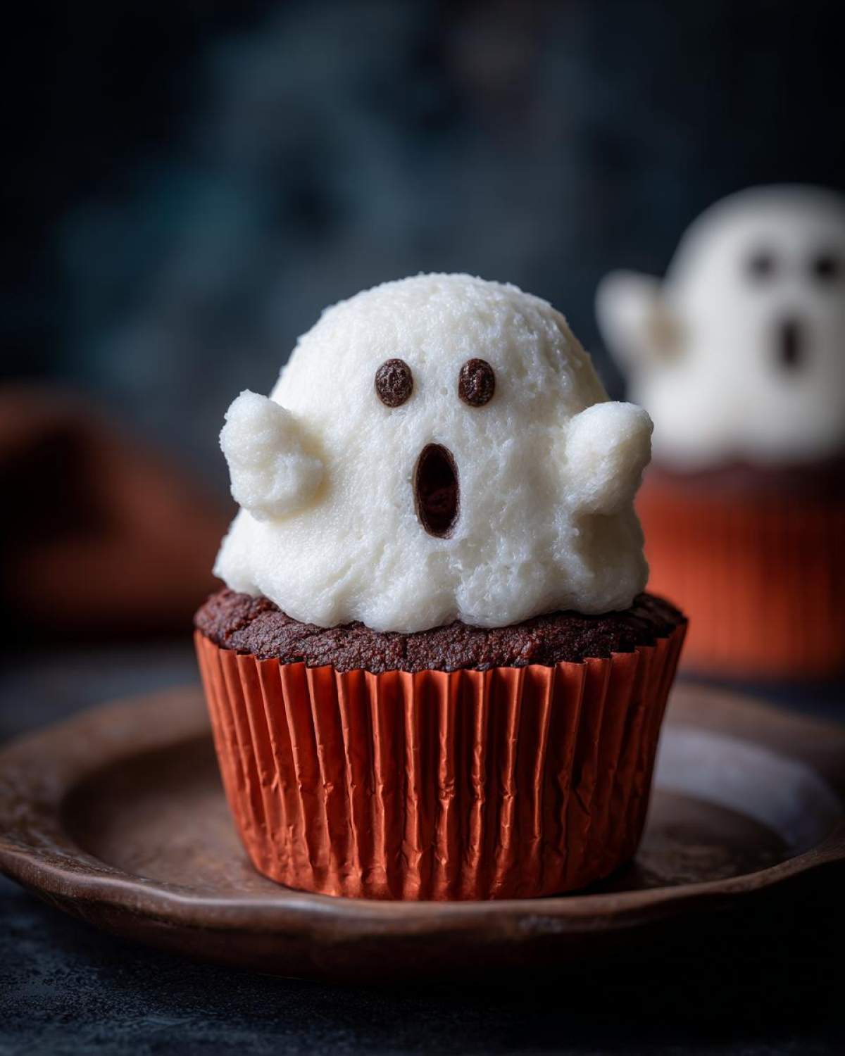 Babeczki Halloween z duszkami - czekoladowe babeczki z białym kremem w kształcie duszka, ozdobione czekoladowymi oczami i buzią.