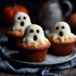 Urocze babeczki Halloween z duszkami na talerzu, ozdobione białym lukrem i czarnymi oczami.