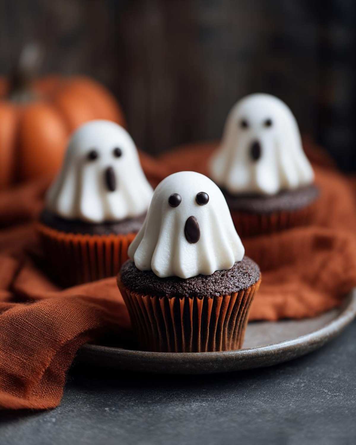 Urocze babeczki halloween z duszkami z białym kremem i czekoladowymi detalami.