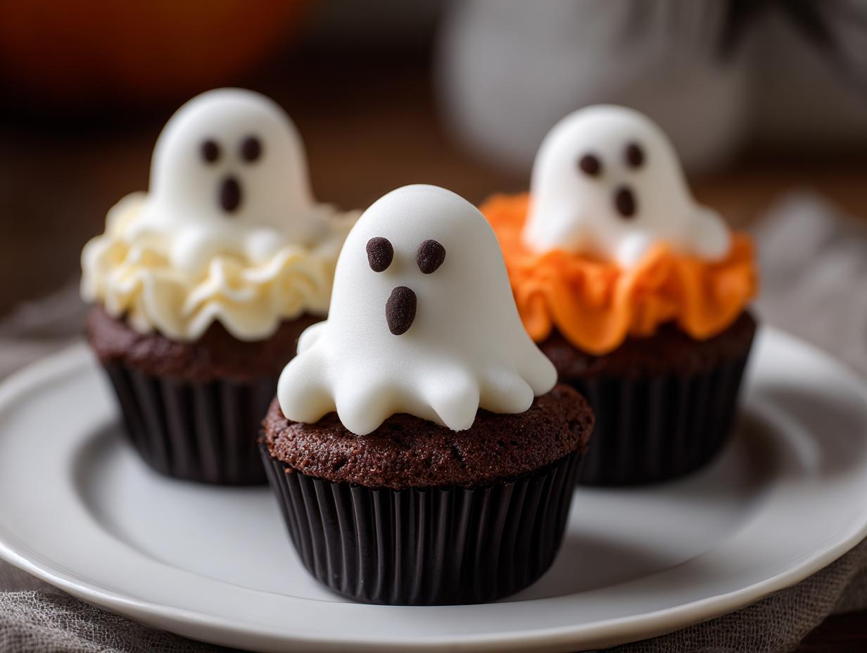 Trzy babeczki na Halloween z dekoracjami w kształcie duszków na białym talerzu.