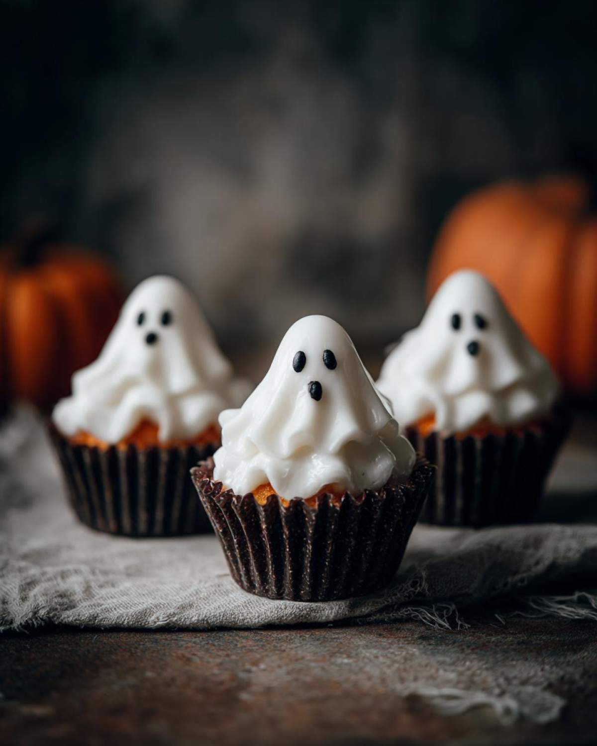 Zbliżenie na trzy babeczki Halloween z białym kremem w kształcie duszki i czarnymi oczkami.