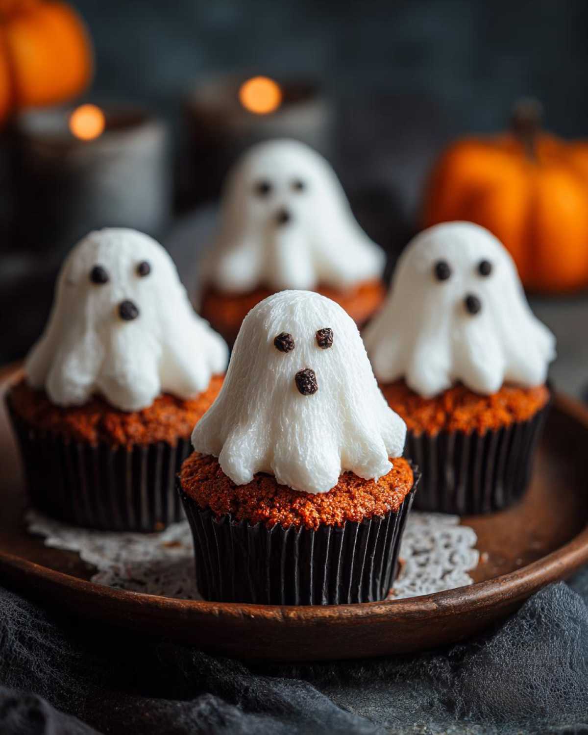 Urocze babeczki Halloween z duszkami z białym kremem i oczami z rodzynek na ciemnym tle.