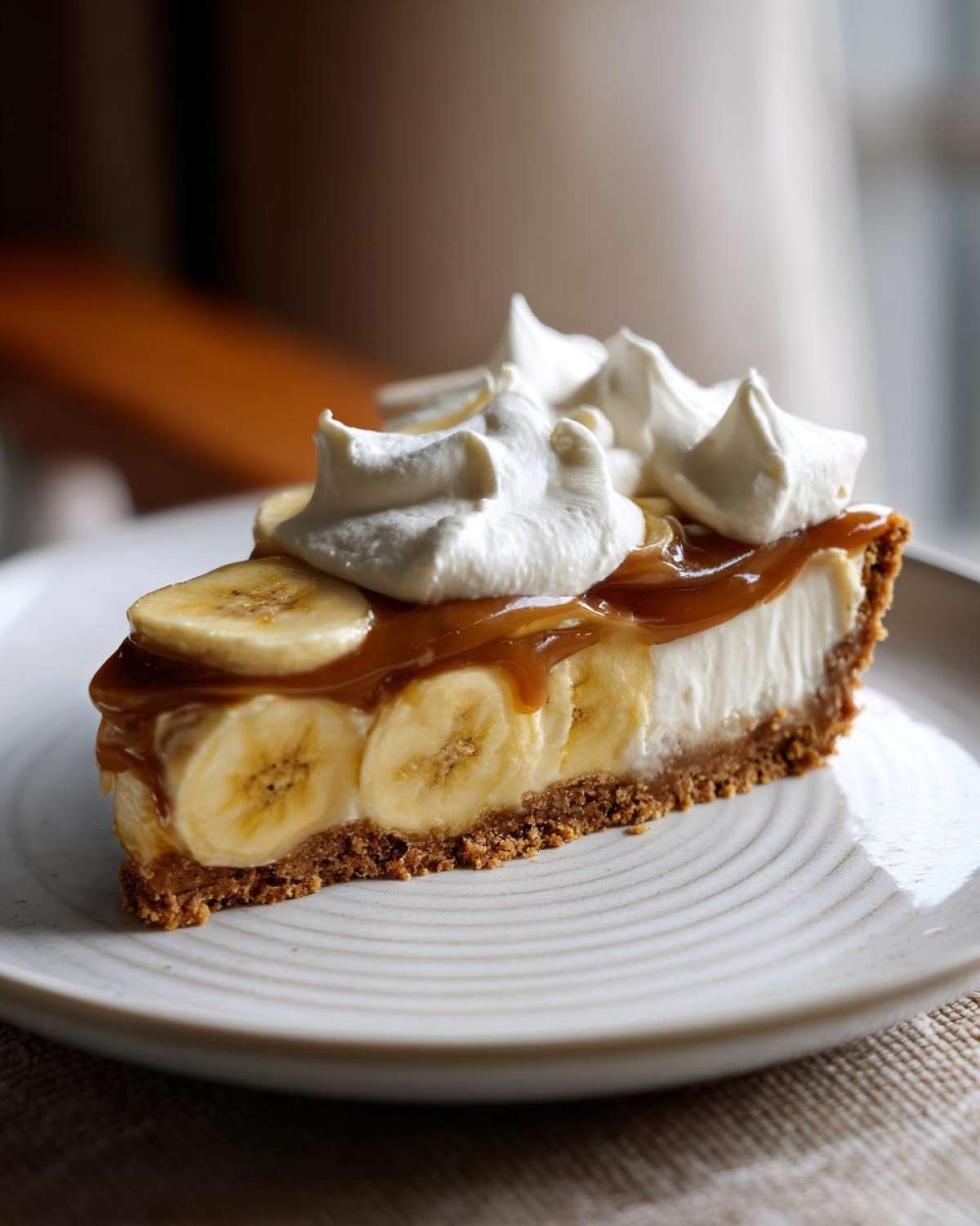 Kawałek pysznego banoffee pie bez pieczenia z warstwami bananów, kremu, karmelu i bitej śmietany na talerzu.