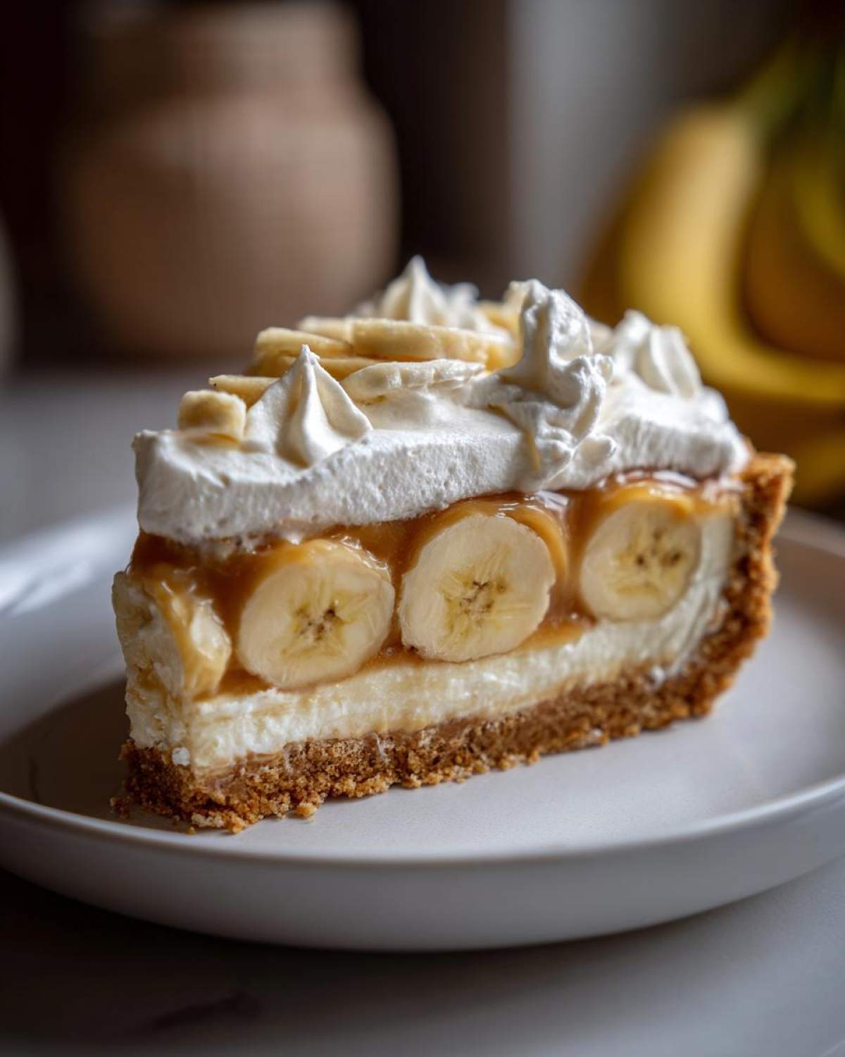 Kawałek pysznego banoffee pie bez pieczenia z bananami i bitą śmietaną na talerzu.