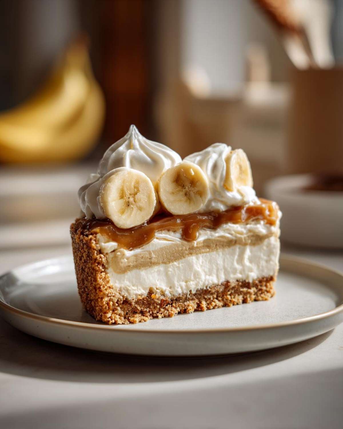 Kawałek pysznego banoffee pie bez pieczenia, udekorowany bitą śmietaną i plasterkami banana.