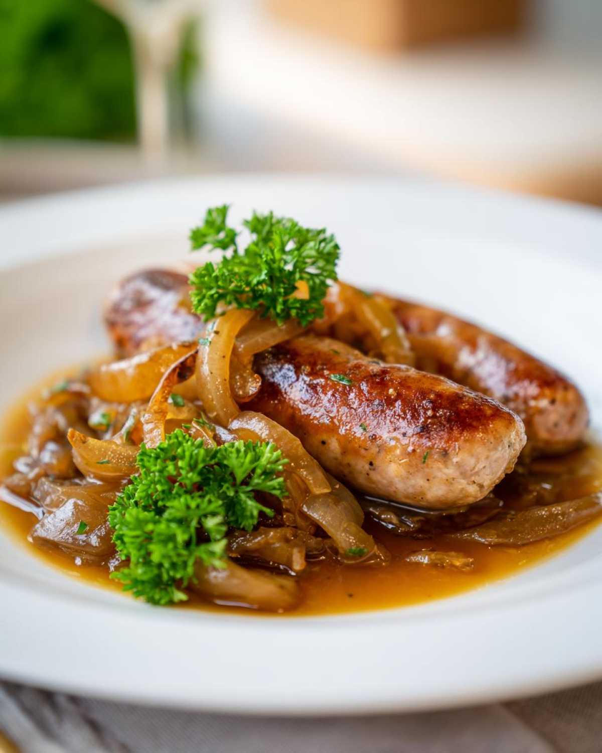 Biała kiełbasa w piwie podana na talerzu z karmelizowaną cebulką i świeżą natką pietruszki.