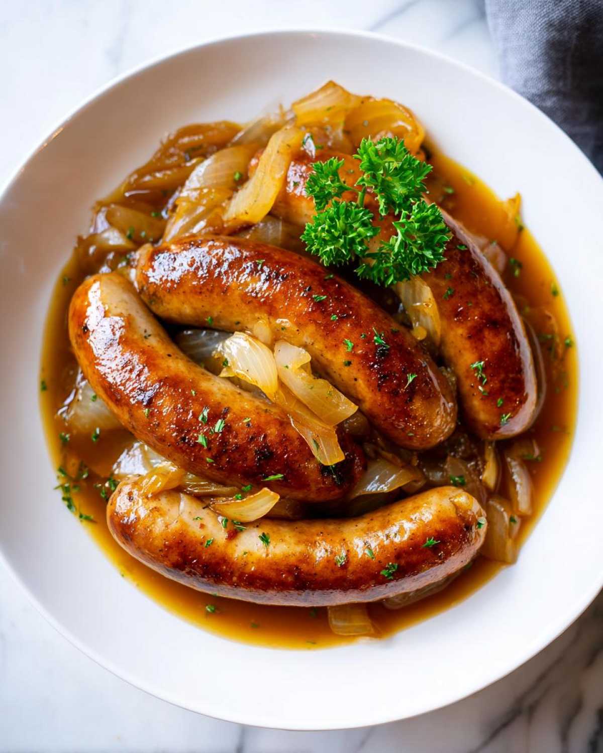 Biała kiełbasa w piwie podana z duszonymi cebulkami i posypana natką pietruszki.