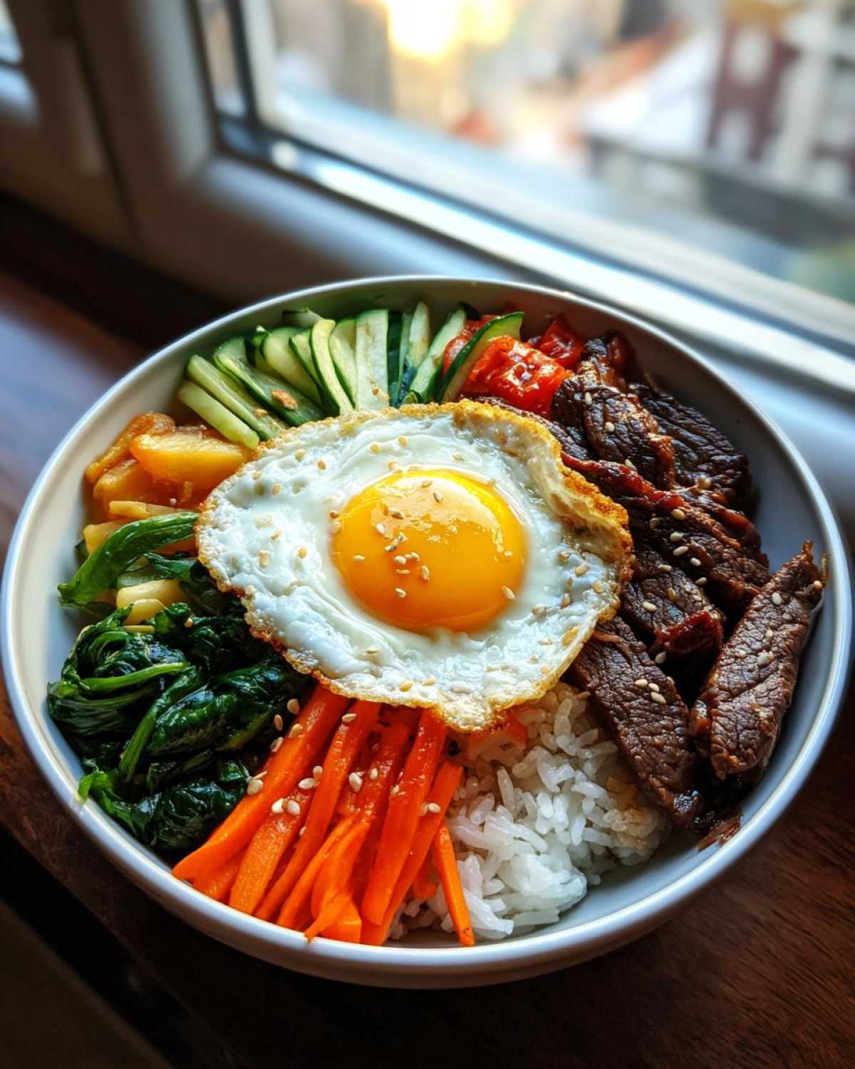 Pięknie podany bibimbap z ryżem, wołowiną, szpinakiem, marchewką, ogórkiem, kimchi i jajkiem sadzonym.