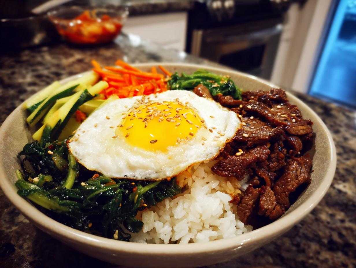 Miseczka bibimbap z ryżem, wołowiną, jajkiem sadzonym i warzywami, posypana sezamem.