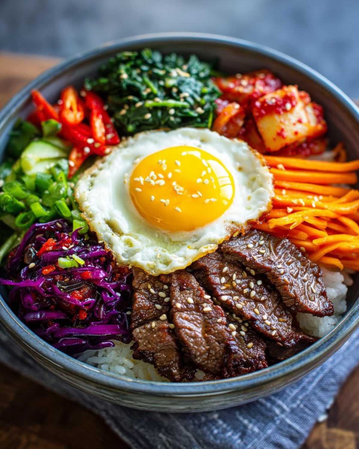 Zbliżenie na miskę bibimbap z ryżem, wołowiną, jajkiem sadzonym, kimchi i kolorowymi warzywami.
