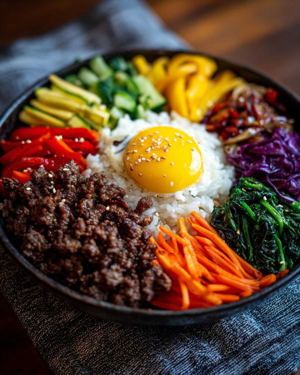 Zbliżenie na miskę bibimbap z ryżem, surowym żółtkiem jajka, mieloną wołowiną i kolorowymi warzywami.