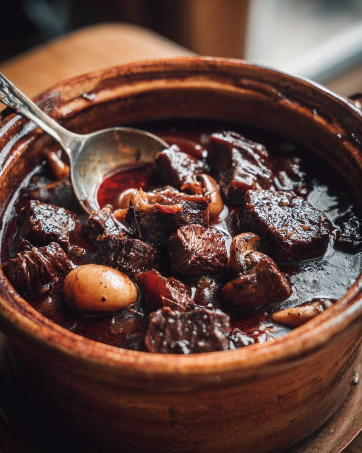 Zbliżenie na garnek z Boeuf Bourguignon, widoczne kawałki mięsa, grzyby i sos.