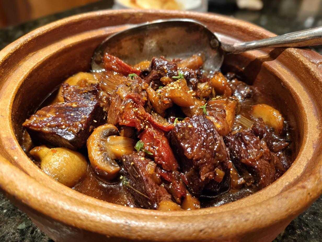 Zbliżenie na miskę z Boeuf Bourguignon, widoczne kawałki wołowiny, pieczarki i sos.