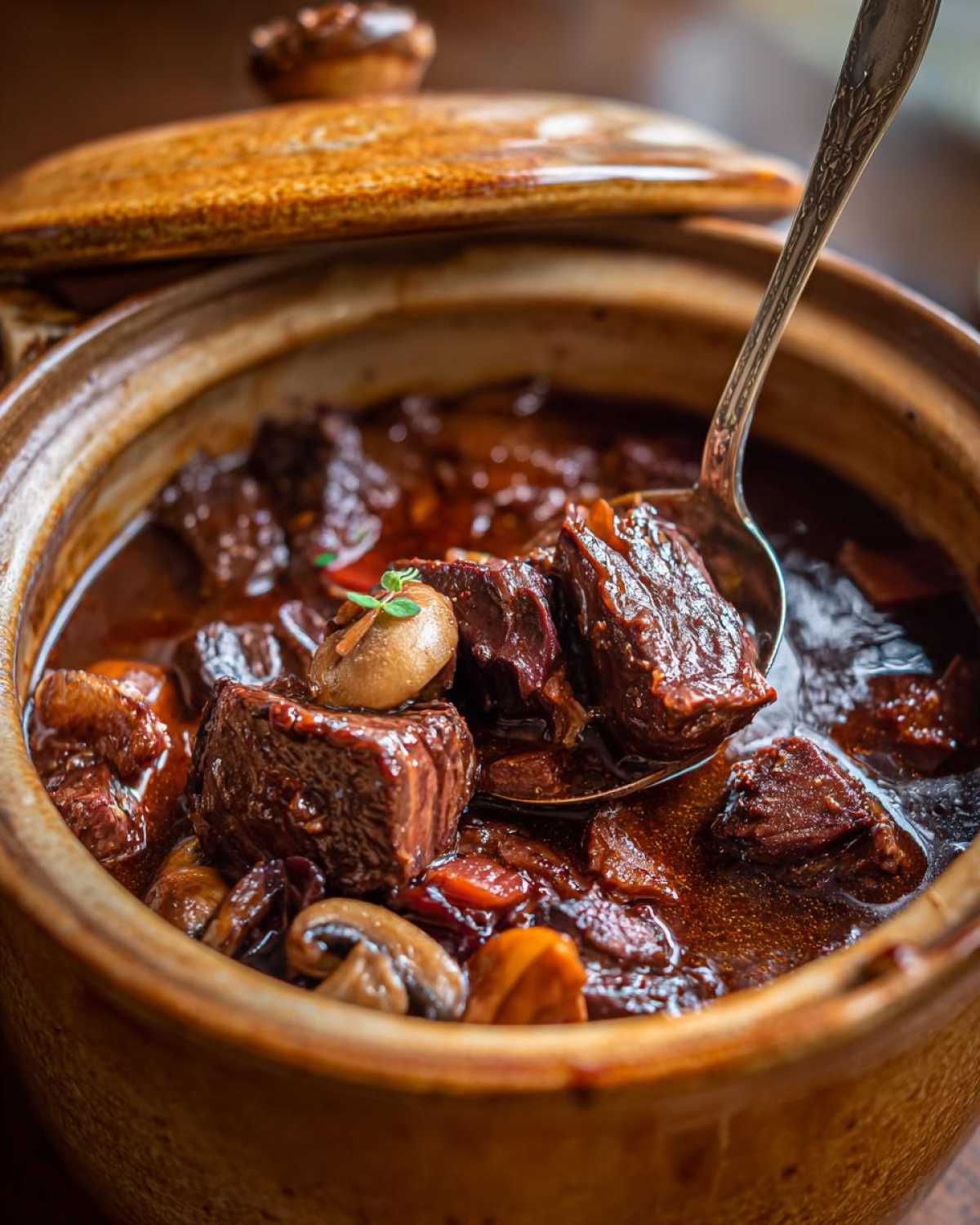 Zbliżenie na Boeuf Bourguignon w glinianym naczyniu, z widocznymi kawałkami mięsa, grzybami i marchewką w bogatym sosie.