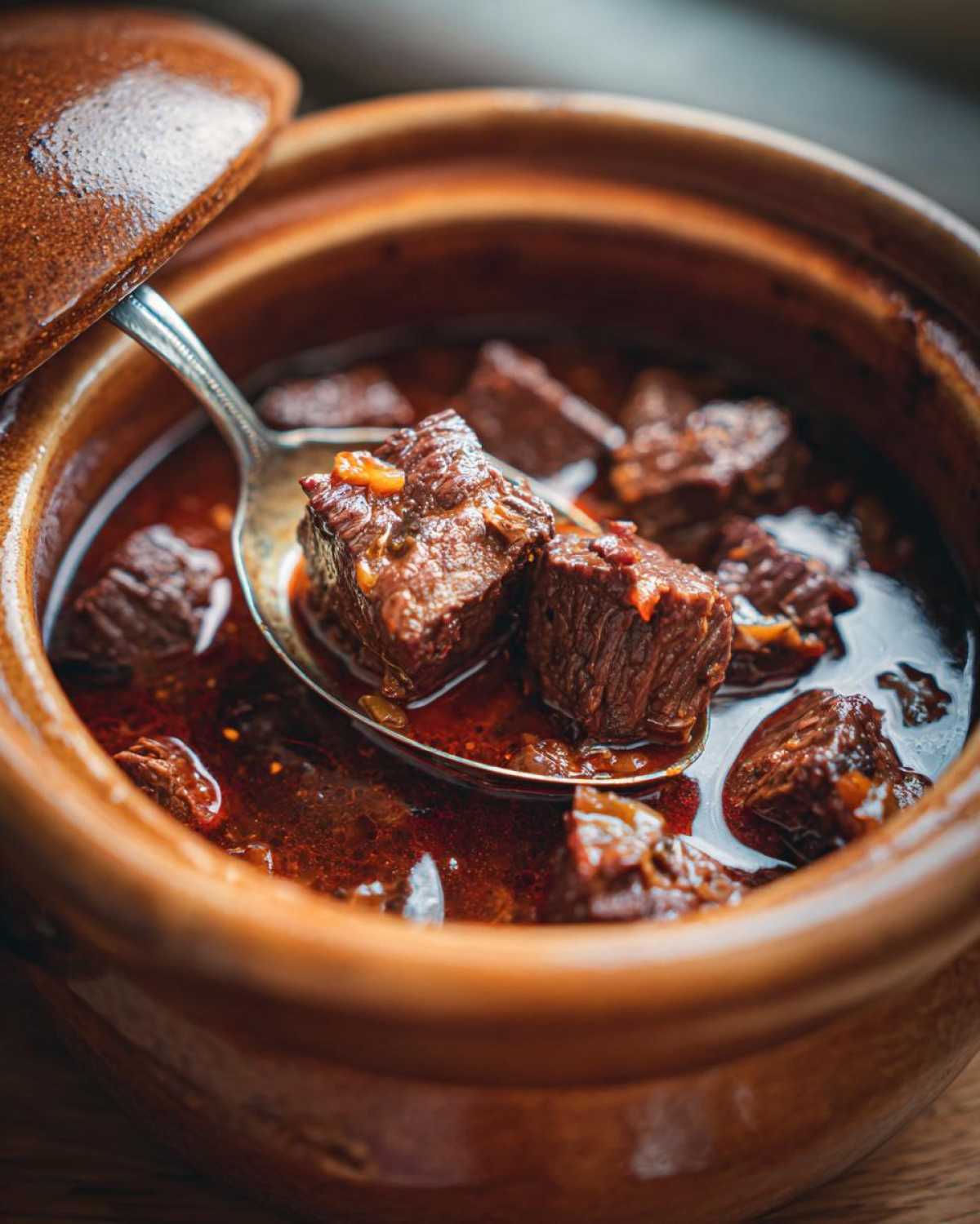 Łyżka z kawałkami miękkiej wołowiny w sosie, część dania Boeuf Bourguignon.
