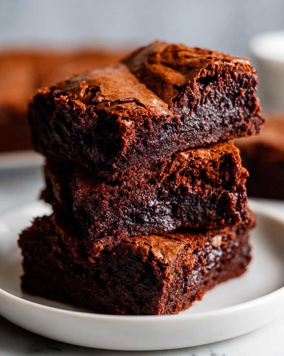 Stosik wilgotnych brownie z whisky na białym talerzyku, z widoczną chrupiącą skórką.