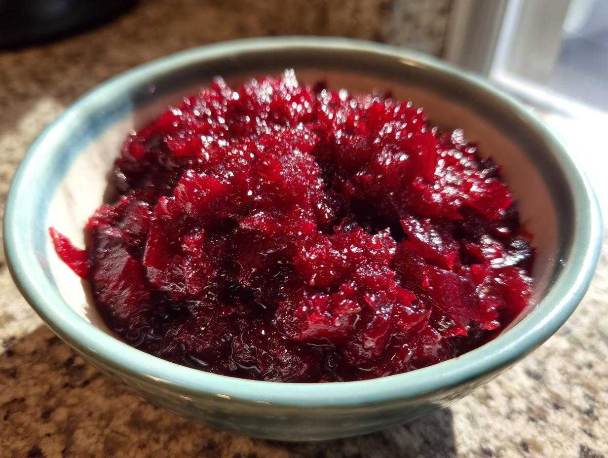 Miseczka z buraczkami zasmażanymi, gotowymi do podania.