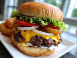 Przepis na burger wołowy klasyczny z serem, sałatą, pomidorem, cebulą i krążkami cebulowymi.