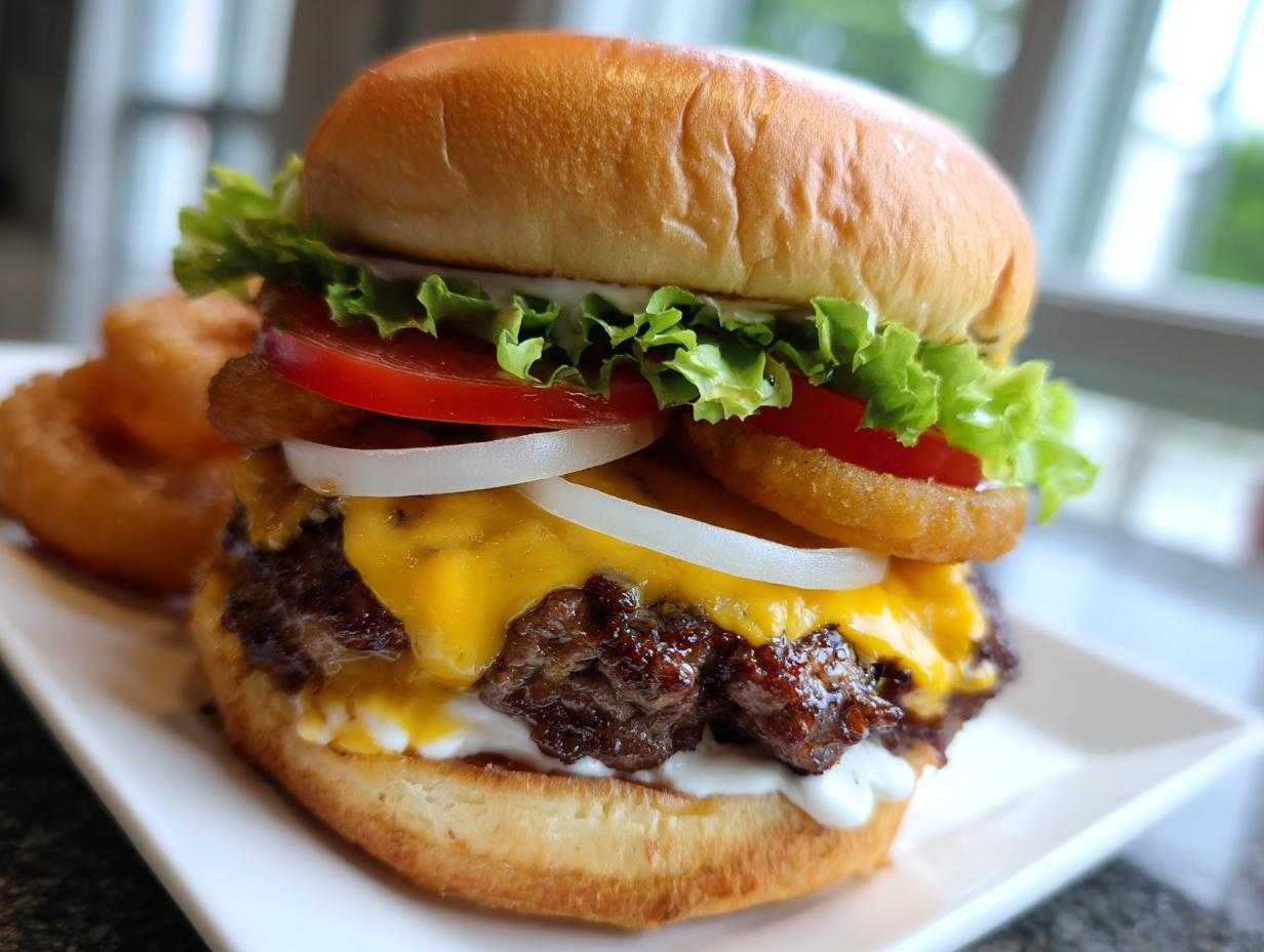 Przepis na burger wołowy klasyczny z serem, sałatą, pomidorem, cebulą i krążkami cebulowymi.