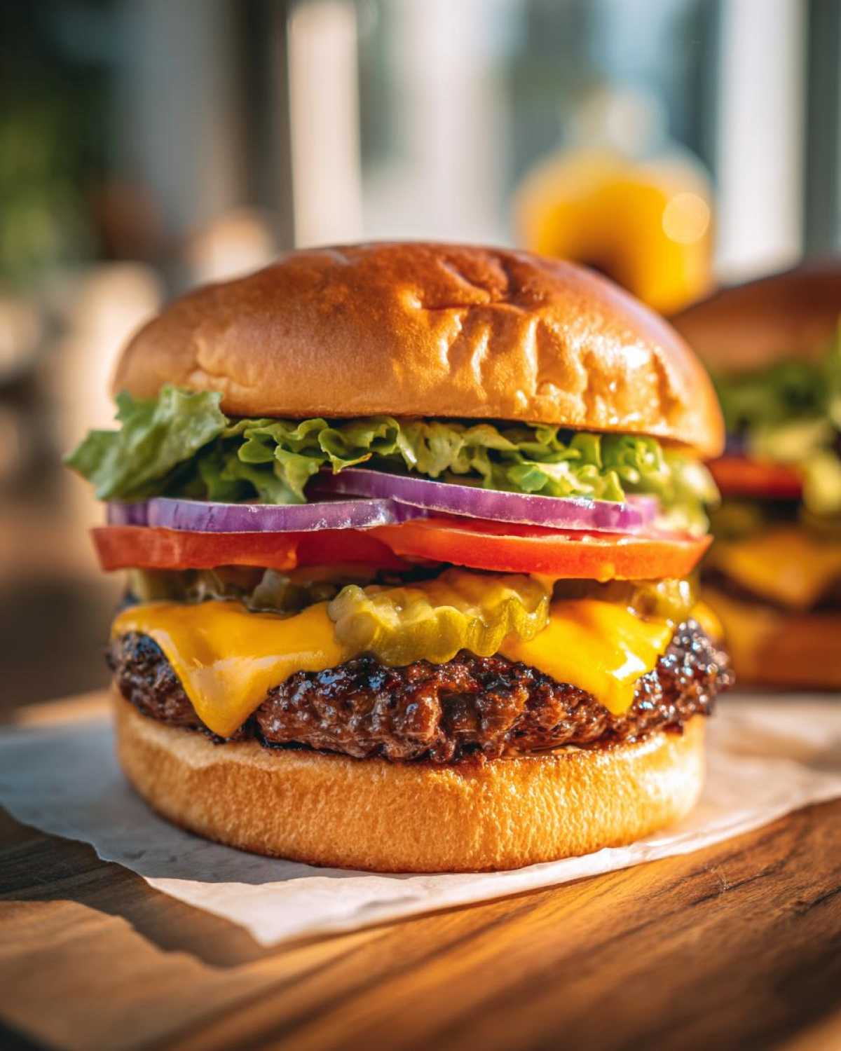 Zbliżenie na klasycznego burgera wołowego z roztopionym serem, piklami, cebulą, pomidorem i sałatą.